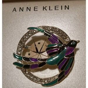 Anne Klein Silver Tone Multicolor Rhinestones Hummingbird In Flight Pin Brooch
